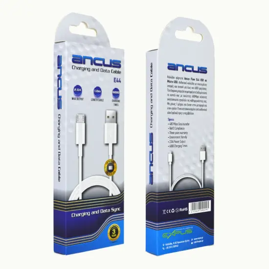 Data Cable Ancus Flow E44 USB σε Micro-USB 2.0A 480Mbps Data Transfer White 1m