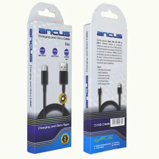 Data Cable Ancus Flow E44 USB toUSB-C 2.0A 480Mbps Data Transfer Black 1m