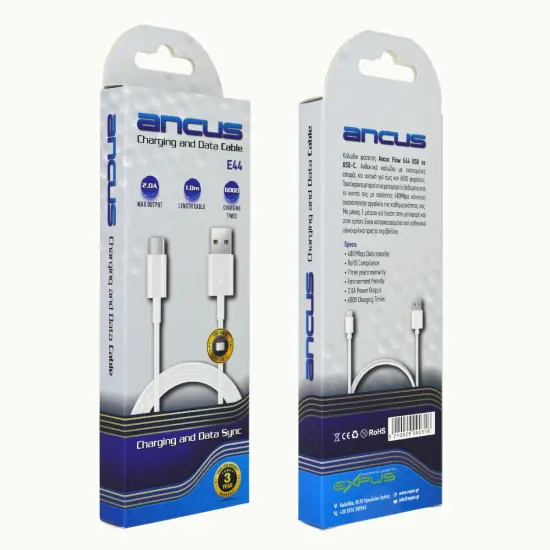 Data Cable Ancus Flow E44 USB toUSB-C 2.0A White 1m