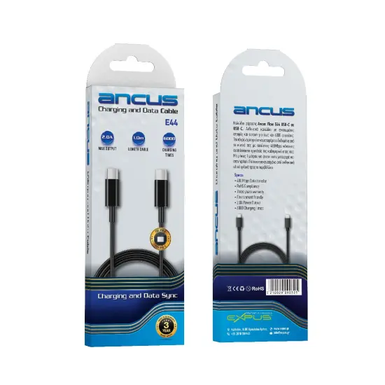 Data Cable Ancus Flow E44 USB-C σε USB-C 2.0A 480Mbps Data Transfer Black 1m