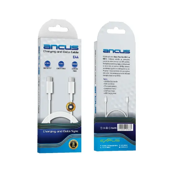 Data Cable Ancus Flow E44 USB-C σε USB-C 2.0A 480Mbps Data Transfer White 1m