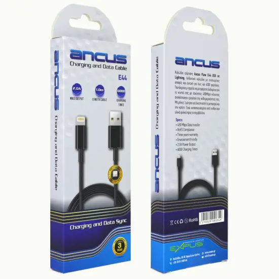 Data Cable Ancus Flow E44 USB σε Lightning 2.0A Data Transfer 480Mbp Black 1m