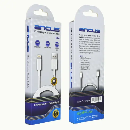 Data Cable Ancus Flow E44 USB σε Lightning 2.0A Data Transfer 480Mbp White 1m