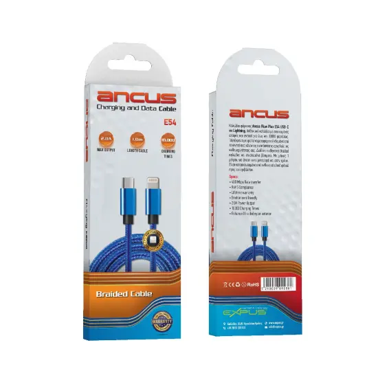 Data Cable Ancus Flow Plus E54 USB-C to Lightning 2.0A Reinforced Plugs and Braided Cable Blue 1m