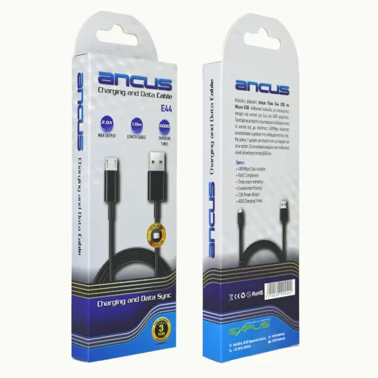 Data Cable Ancus Flow E44 USB to Micro-USB 2.0A 480Mbps Data Transfer Black 1m