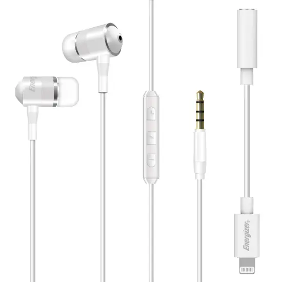 Hands Free Energizer UIL35 Metal Stereo 3.5mm with Lightning Adapter MFI to 3.5mm and Power Buttons 1.2m White