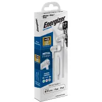 Hands Free Energizer UIL35 Metal Stereo 3.5mm with Lightning Adapter MFI to 3.5mm and Power Buttons 1.2m White