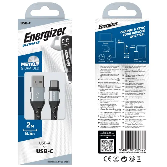 Data Cable Energizer Metal / Braided Nylon USB-A to USB-C Silver 2m