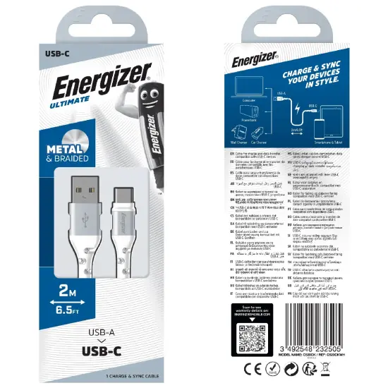 Data Cable Energizer Metal / Braided Nylon USB-A to USB-C White 2m