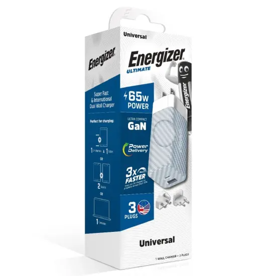 Energizer Travel Charger A65MU PD65W Quick Charge 1 x USB-C 1 x USB-A with  EU / UK / US Silver GaN Tech