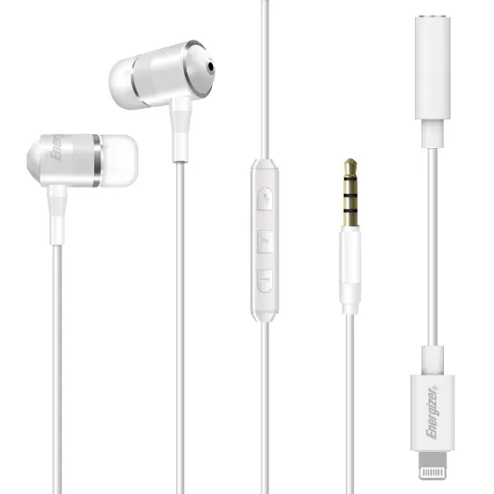 Hands Free Energizer UIL35WH2 Metal Stereo 3.5 mm with Lightning Adapter MFI to 3.5 mm and Power Buttons 1.2m White