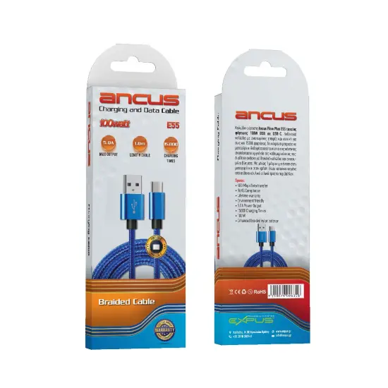 Data Cable Ancus Flow Plus E55 Fast Charge USB to USB-C 5.0A 100W Reinforced Plugs and Braided Cable Blue 1m