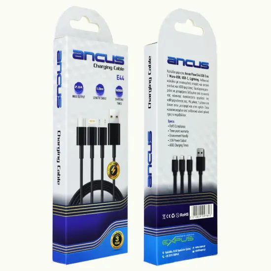 Charging Cable Ancus Flow E44 USB 3 in 1 Micro-USB, USB-C, Lightning 3.0A Black 1m