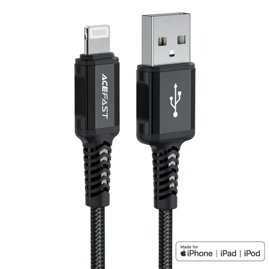 Data Cable Acefast C4-02 Metallic USB-A to Lightning 2.4A Apple Certified MFI Braided Black 1.8m