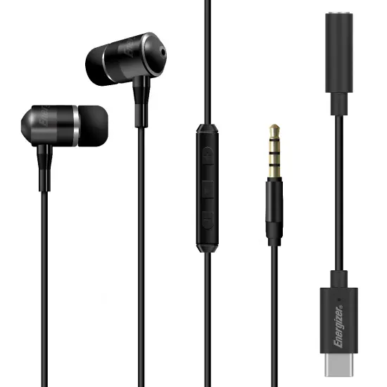 Hands Free Energizer UIC30 Metal Stereo with USB-C Adapter to 3.5mm and Power Buttons 1.2m Black