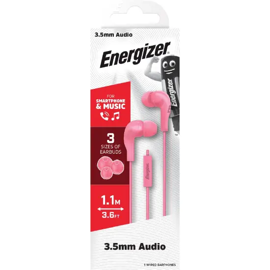 Hands Free Energizer CIA5 Stereo 3.5mm Pink with Micrphone and Operation Control Button 1.1m