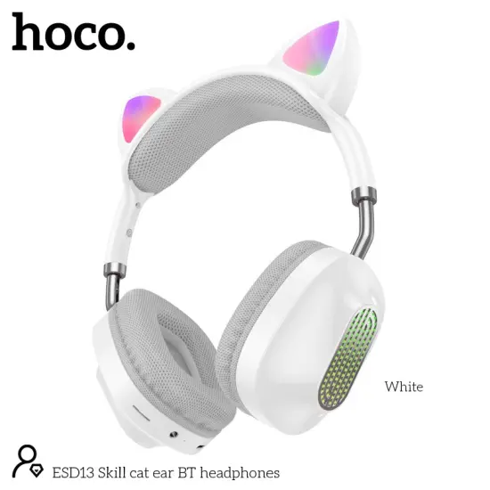 Wireless Stereo Headphones Hoco. ESD13 Cat Ear BT5.3 FM 400mAh with Mic and Noise Reduction White