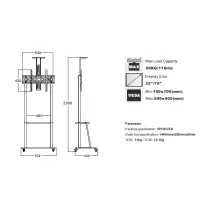 Wheeled TV Flor Stand Noozy Y800  for 32'' - 75'' VESA from 100x100mm to 600x400mm. Maximum weight capacity 50kg
