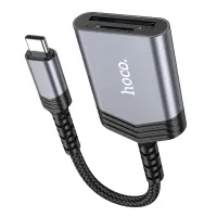 Memory Card Reader Hoco UA25 2 in 1 USB-C 480Mbps and 2TB for Micro SD/SD OTG Short and Anti-bending Cable Metal Grey