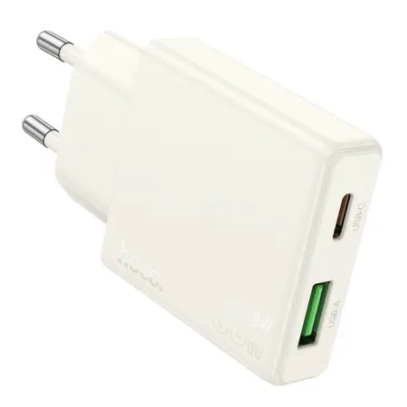 Travel Charger Hoco N45 Biscuit Ultra Thin Dual Port Charging USB-C PD30W and USB 18W QC3.0 Moonlight White
