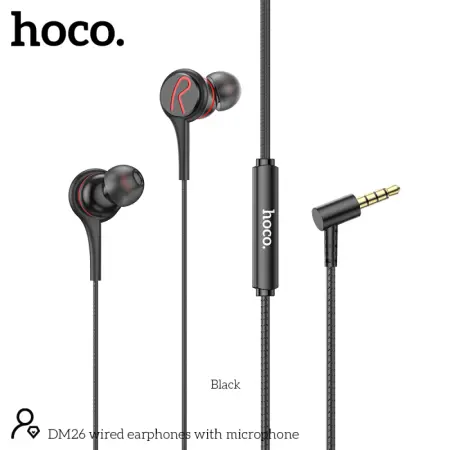 Hands Free Hoco DM26 Earphones Stereo 3.5mm Elbow Design with Embossed Cable 1.2m Black