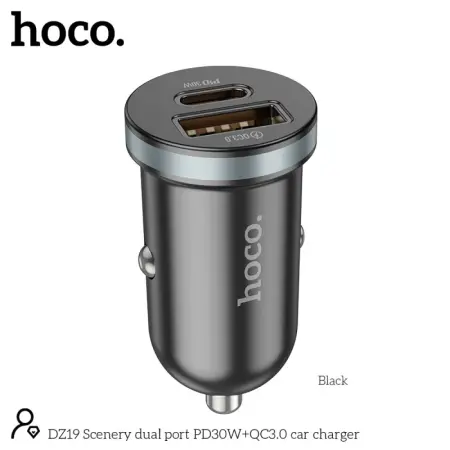 Car Charger Hoco DZ19 Scenery Dual Ports USB-A and USB-C 30W 5V3A Black