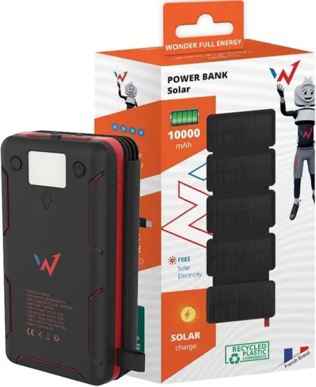 Solar Power Bank Wonder WX10S 10000mAh with 5 Solar Panels, 2 x USB-A and 1 x USB-C Output and Flashlight Black