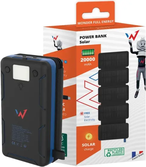 Solar Powerbank Wonder WX20S 20000mAh with 5 Solar Panels, 2 x USB-A and 1 x USB-C Output and Flashlight Black