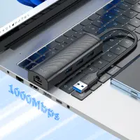 USB Hub Hoco HB42 USB to 3 χ USB 3.0  and RJ45 with Data Transfer 1000Mbps 0.2m Black