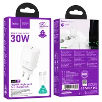 Travel Charger Hoco N62 Gentle Single Port USB-C Quick Charge 30W 5V 3.0A White + Cable USB-C to USB-C