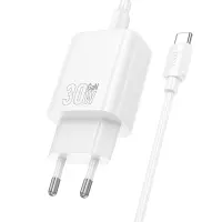 Travel Charger Hoco N62 Gentle Single Port USB-C Quick Charge 30W 5V 3.0A White + Cable USB-C to USB-C