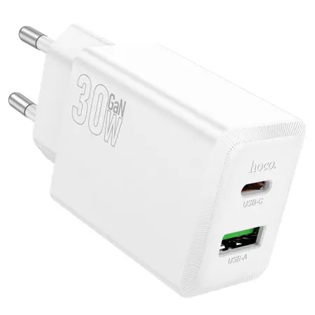 Travel Charger Hoco N71 Nuevo Dual Port GaN PD30W QC3.0A1xUSB-C and 1xUSB-A White