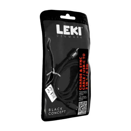 Data and Charging Cable Leki Black Concept USB-C  to Multiport USB-C/Lightning/MicroUsb Braided Black 0.3m