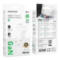 Travel Charger Borofone BN26 Fuente Mini Size GaN USB-C PD20W + Charging Cable USB-C to Lightning White