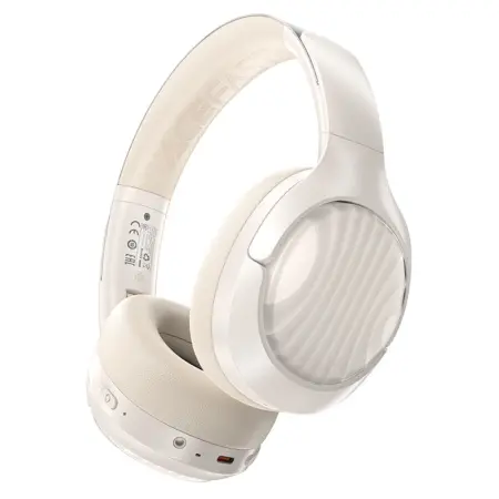 Wireless Foldable Headphones Hi-Fi Stereo Acefast H5 30db ANC AUX 500mAh v5.4 Milky White with HD Microphone Memory Foam Earcups and Storage Bag