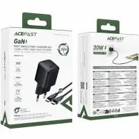 Travel Charger Acefast A118 Mini Fast Charging 1xUSB-C PD30W QC3.0 GaN with USB-C to USB-C Cable 1.2m Black