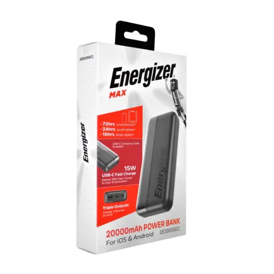Power Bank Energizer UE20050CC 20000mAh 15W Fast Charge with 2xUSB-C and 1xUSB-A and LED Battery Display Black
