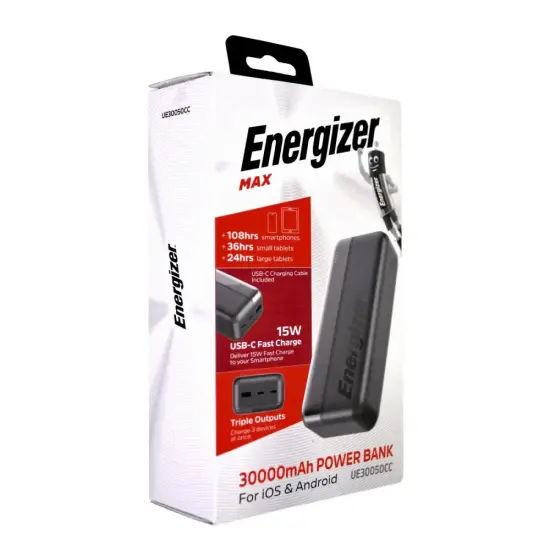 Power Bank Energizer UE30050CC 30000mAh 15W Fast Charge with 2xUSB-C and 1xUSB-A and LED Battery Display Black