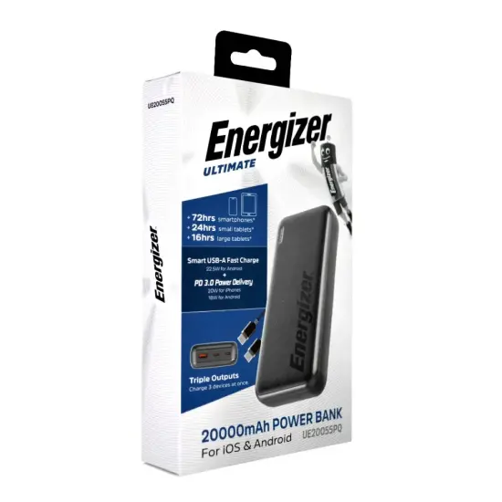 Power Bank Energizer UE20055PQ 20000mAh PD22.5W Fast Charge with 2xUSB-C and 1xUSB-A and LED Battery Display Black