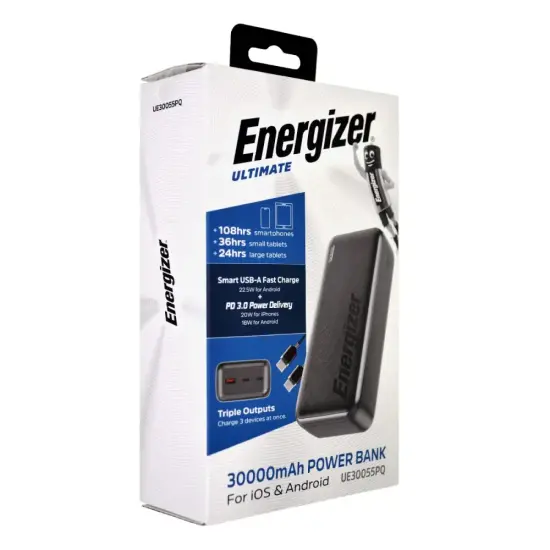 Power Bank Energizer UE30055PQ 30000mAh PD22.5W Fast Charge with 2xUSB-C and 1xUSB-A and LED Battery Display Black