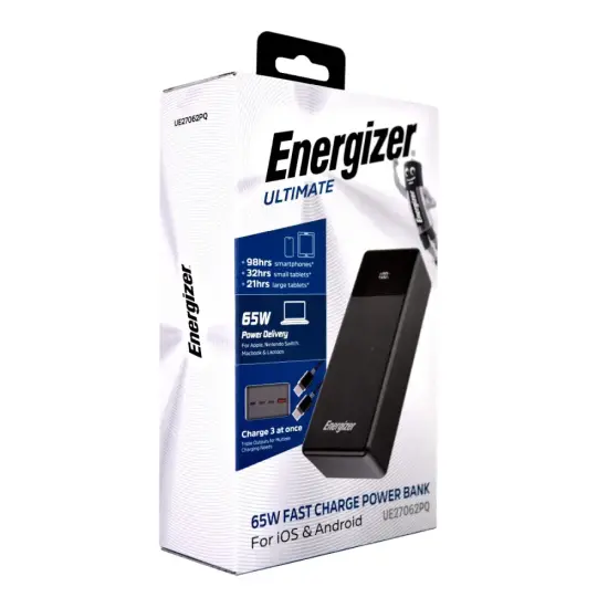 Power Bank Energizer UE27062PQ 27000mAh PD65W Fast Charge with 2xUSB-C 1xUSB-A 1xMicroUSB LED Battery Display Black