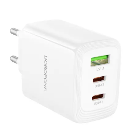Travel Charger Borofone BN32 Cargador GaN 2xUSB-C PD65W and 1xUSB-A QC PD18W White