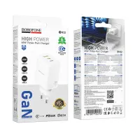 Travel Charger Borofone BN32 Cargador GaN 2xUSB-C PD65W and 1xUSB-A QC PD18W White