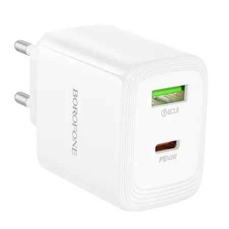 Travel Charger Borofone BN30 Cargador GaN 1xUSB-C PD45W and 1xUSB-A QC PD18W White