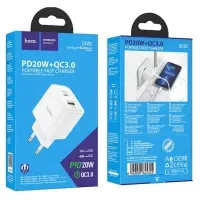 Travel Charger Hoco. DC82 1xUSB-C PD20W 1xUSB-A 18W QC White