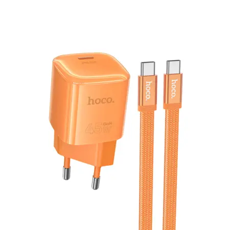 Travel Charger Hoco. DC148 Ridge 1xUSB-C PD45W GaN QC with USB-C to USB-C Cable 1.2m Braided Orange