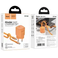Travel Charger Hoco. DC148 Ridge 1xUSB-C PD45W GaN QC with USB-C to USB-C Cable 1.2m Braided Orange