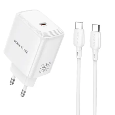 Travel Charger Borofone BN33 Fuente GaN USB-C PD40W + Charging Cable USB-C to USB-C White