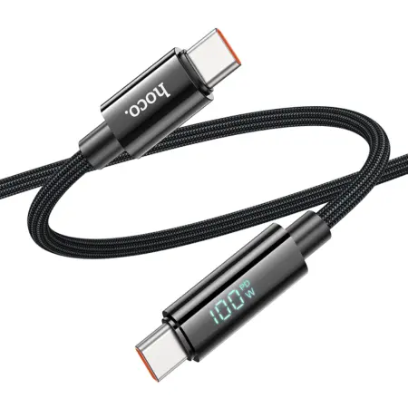 Data Cable Hoco U125 Benefit USB-C to USB-C PD100W 3A Fast Charge with Power Display Braided Black 1.2m