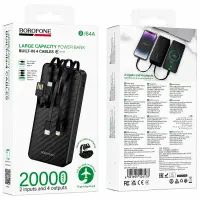 Power Bank Borofone BJ84A 20000mAh with 4 Output Cables USB-C USB-A Lightning Micro-USB and LED Battery Indicator Black